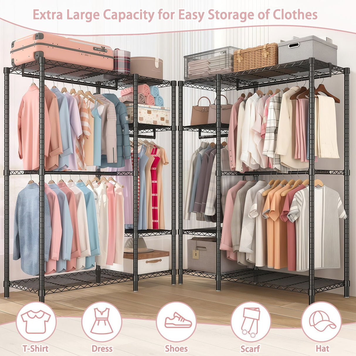 Freestanding Clothes Rack, With 6 Adjustable Wire Shelves And 3 Garment Rails - Black