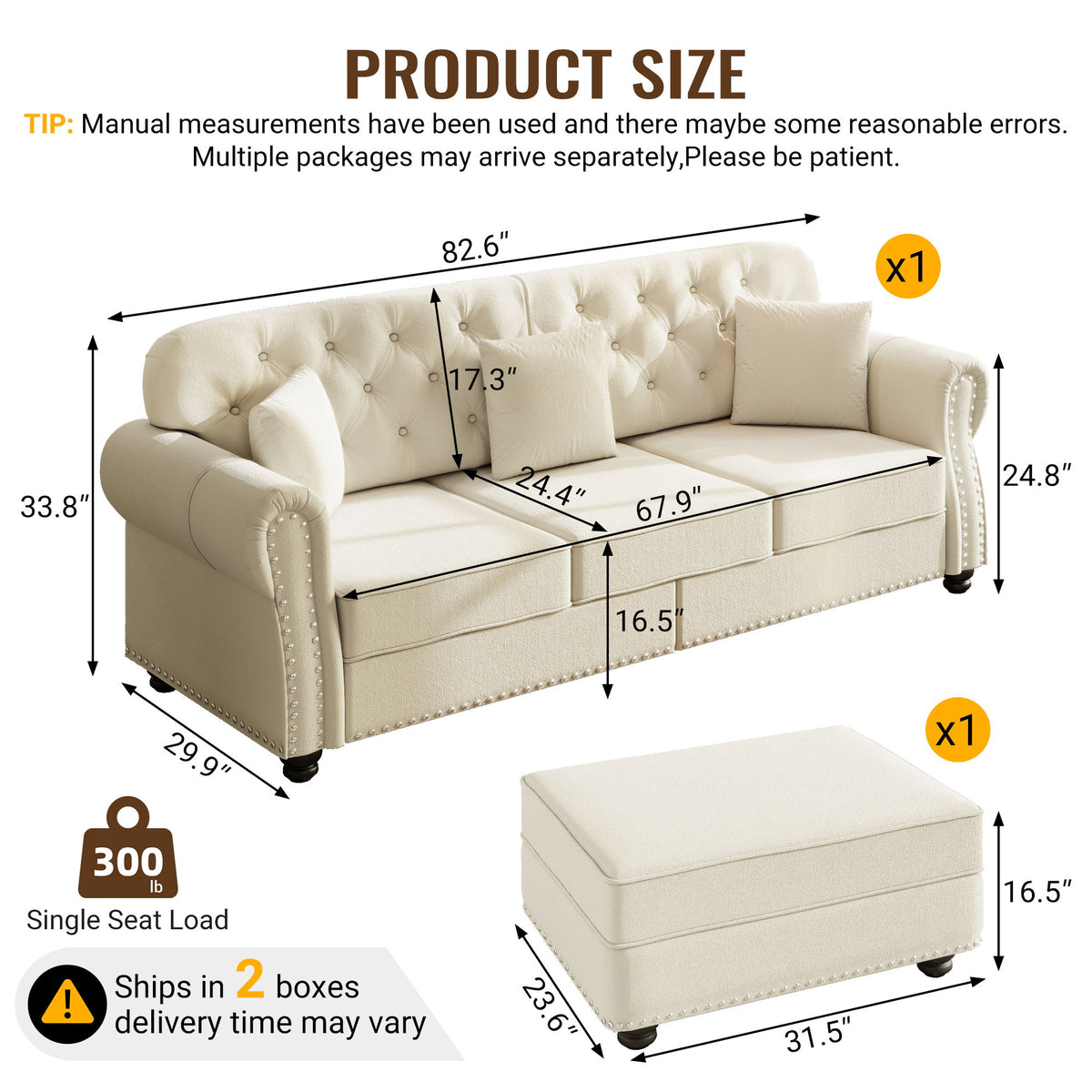 Upholstered 3 Seater Sofa Set With Ottoman