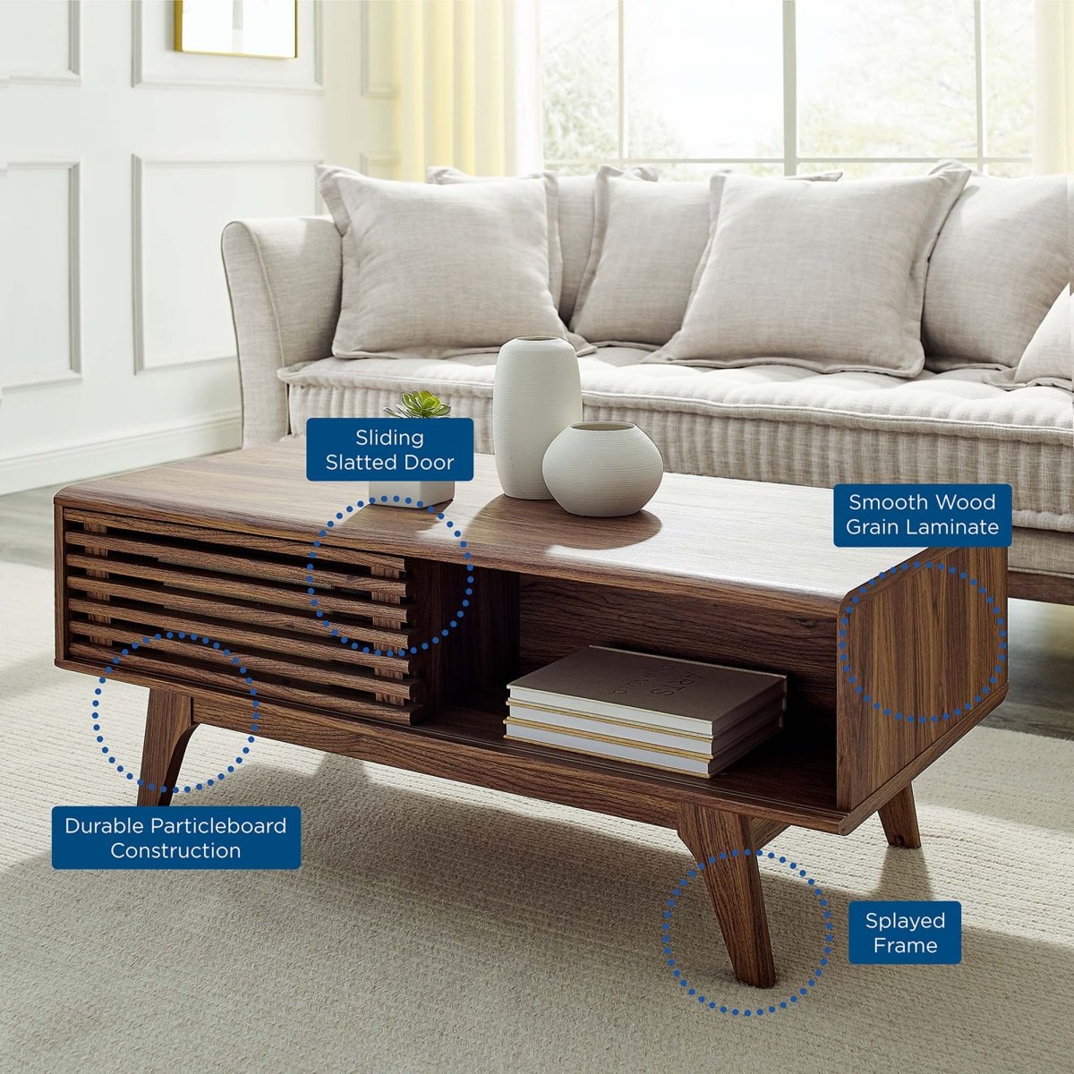 43 Inch Mid - Century Slat - Door Coffee Table in Walnut - Coffee Tables available at Alpine Outlets in Denver
