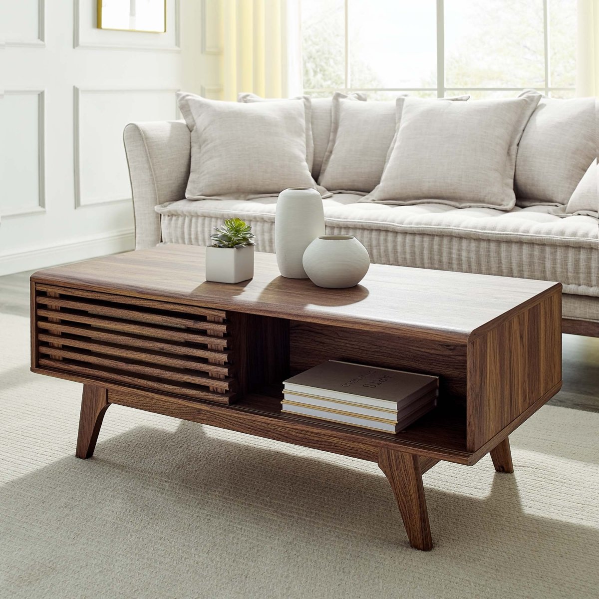 43 Inch Mid - Century Slat - Door Coffee Table in Walnut - Coffee Tables available at Alpine Outlets in Denver