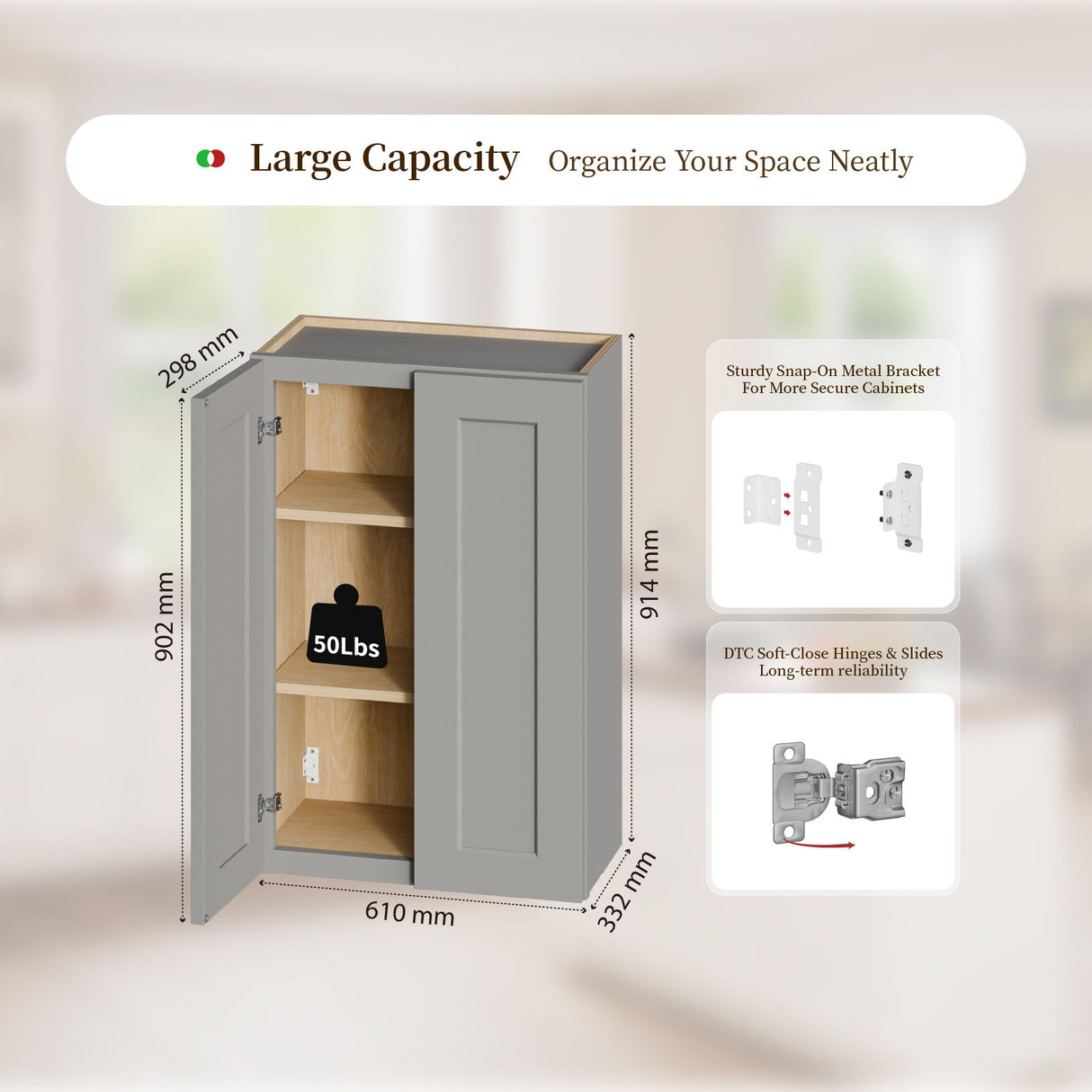 Shaker Wall Cabinet With Soft-Close Doors, Adjustable Shelves