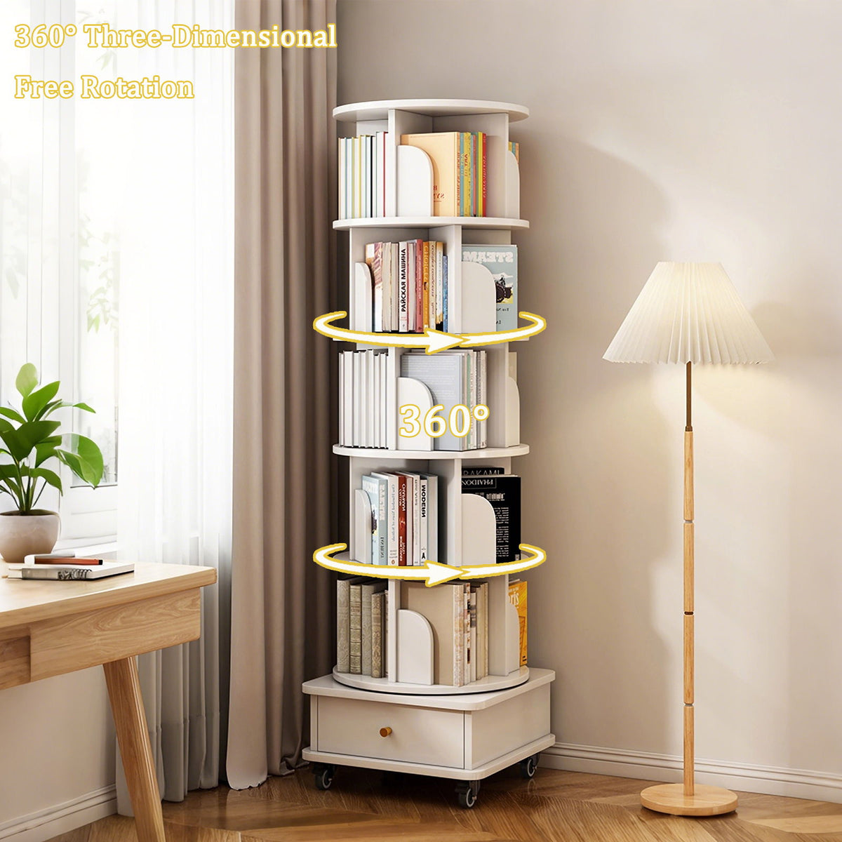 Rotating Bookshelf With Wheels And Drawer, 360° Spinning Design, Space Saving Storage