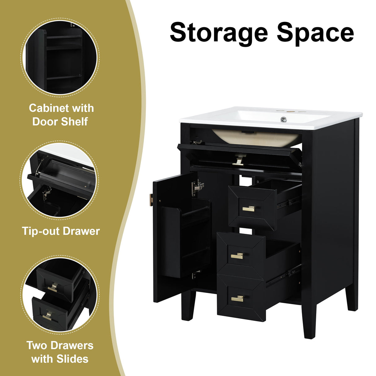 Bathroom Vanity With Sink, 3 Drawers & Cabinet With 2 Tier Door Storage Rack, Soft Close Doors & Drawers