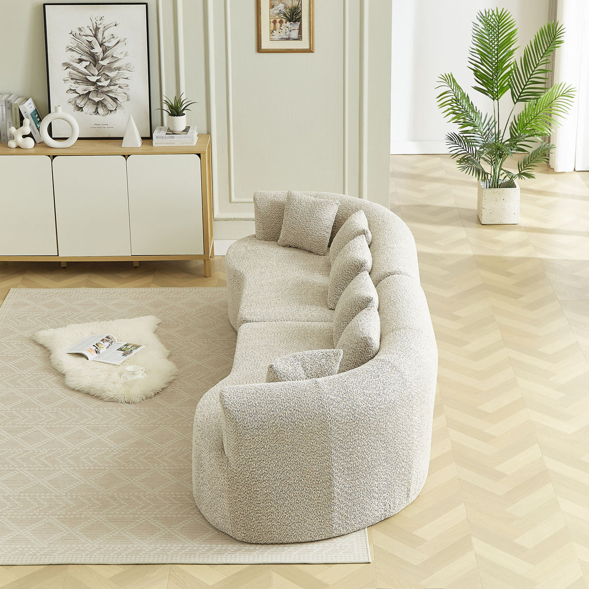 Curved Sectional Oversized Bone Free Cloud Sofa With 6 Pillows, 4 Seater With Deep Seat - Light Khaki