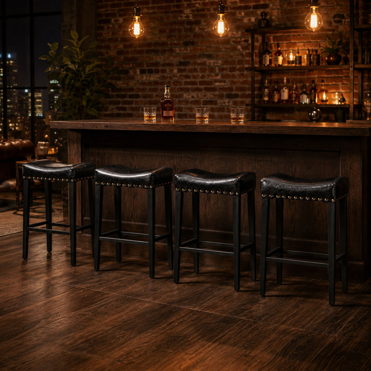 Bar Stool With Brass Nailhead Trim (Set of 2) - Black