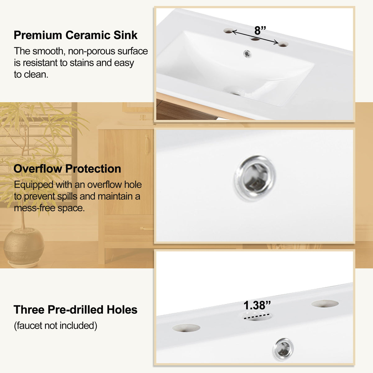 Bathroom Vanity, 2 Soft Close Doors, 4 Soft Close Drawers, Adjustable Shelf, Storage Cabinet - Acacia Wood