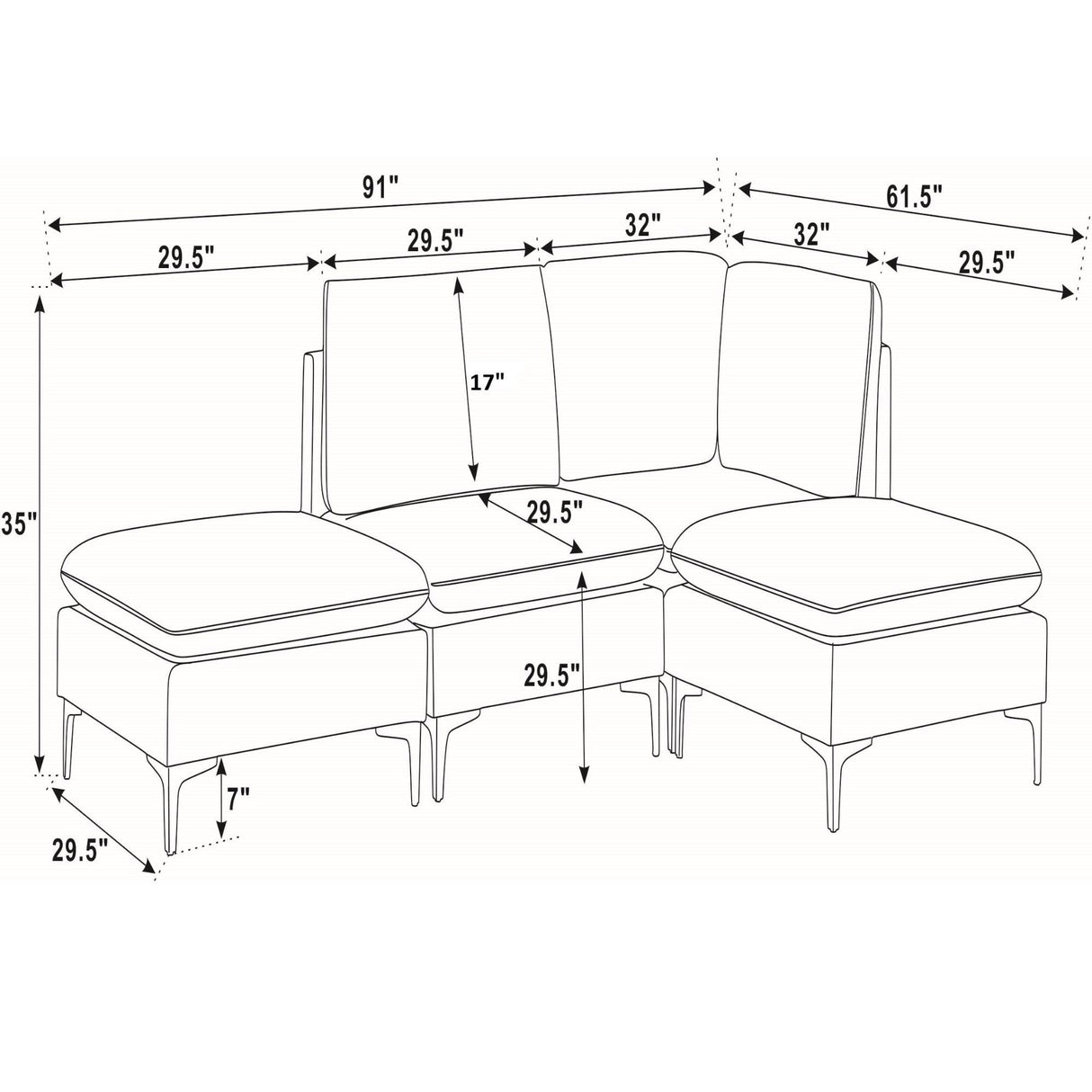 Upholstered Modular Sectional With Tall Legs, Medium Firm Seat