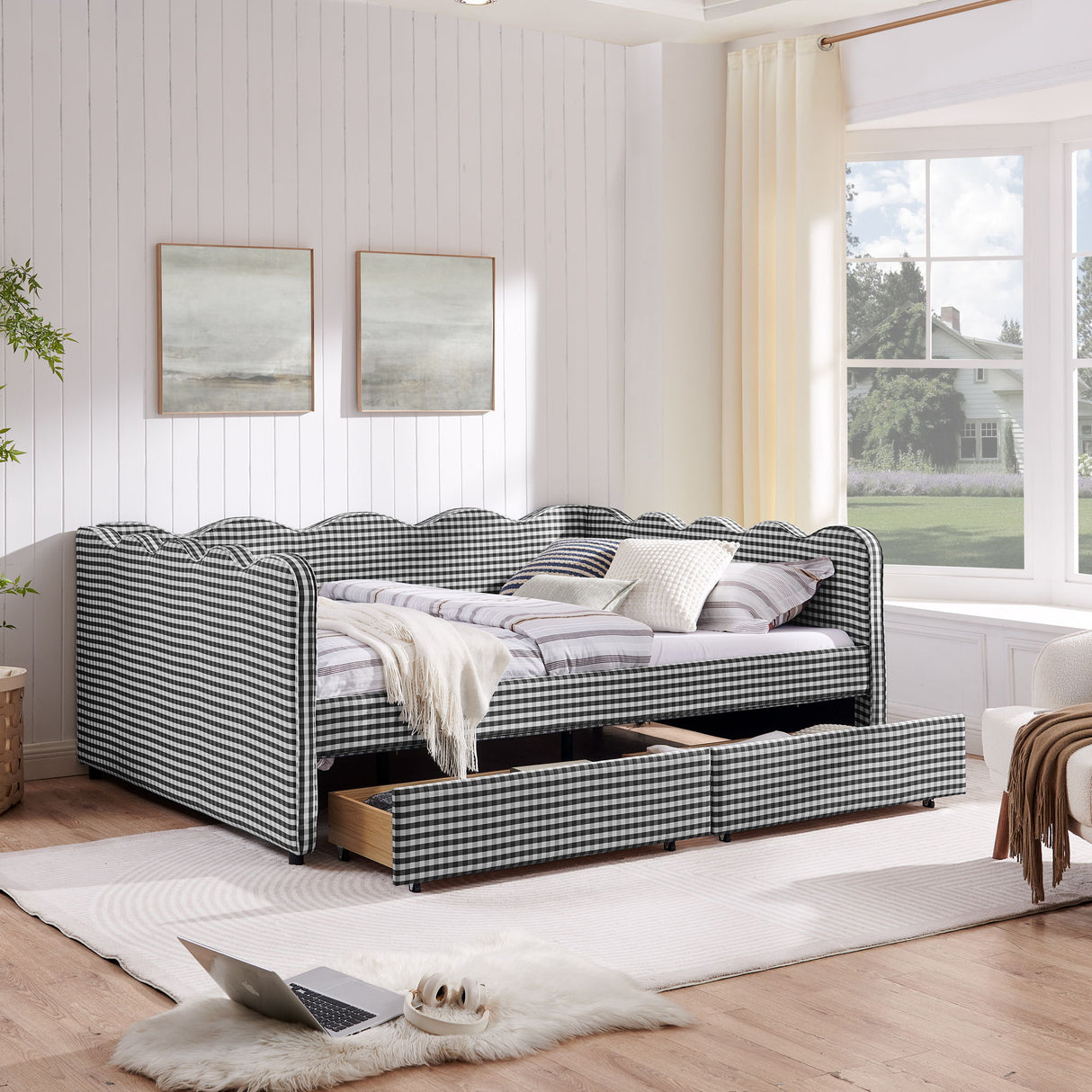 Gingham Daybed With USB Charging Port, Wave-Shaped Design