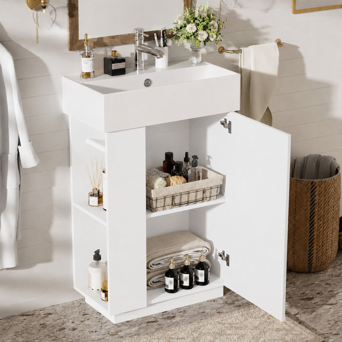 Bathroom Vanity With Sink, Freestanding Wood Grain Cabinet With Storage