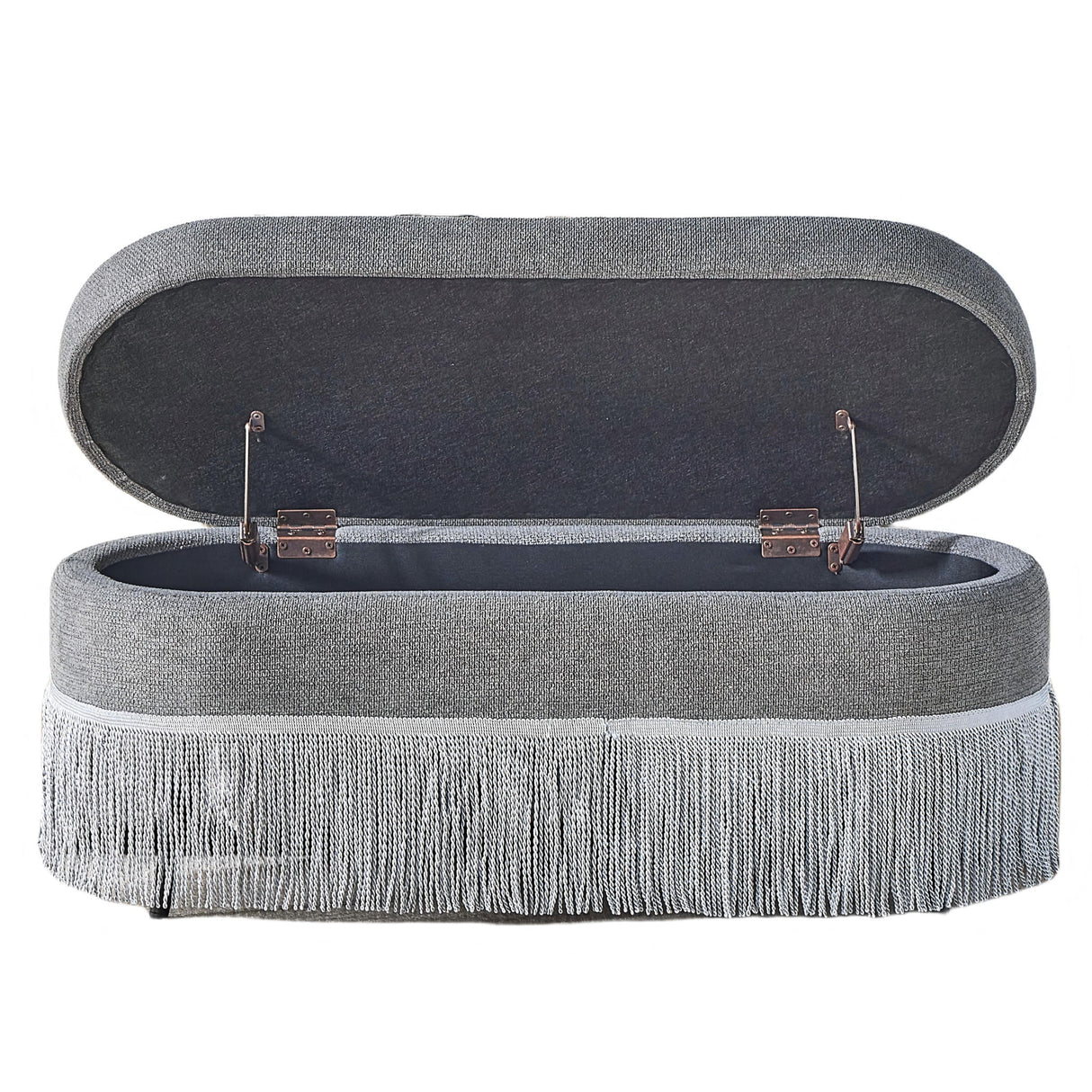 Oval Upholstered Storage Ottoman With Fringe Trim & Lift Top Lid