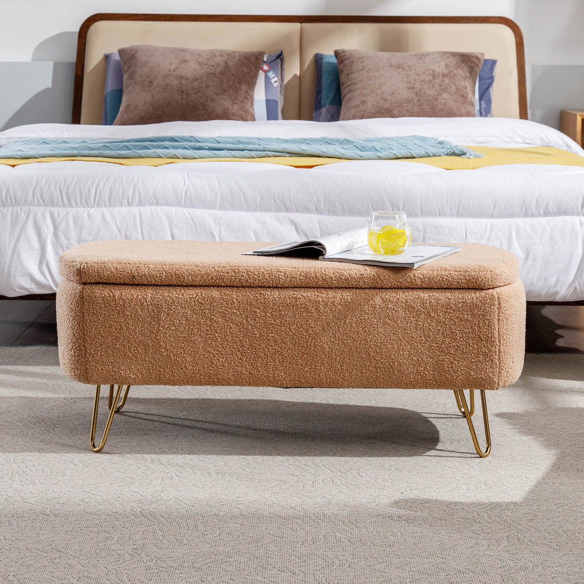 Storage Ottoman Bench For End Of Bed Gold Legs, Modern Camel Faux Fur Entryway Bench Upholstered Padded With Storage For Living Room Bedroom - Camel
