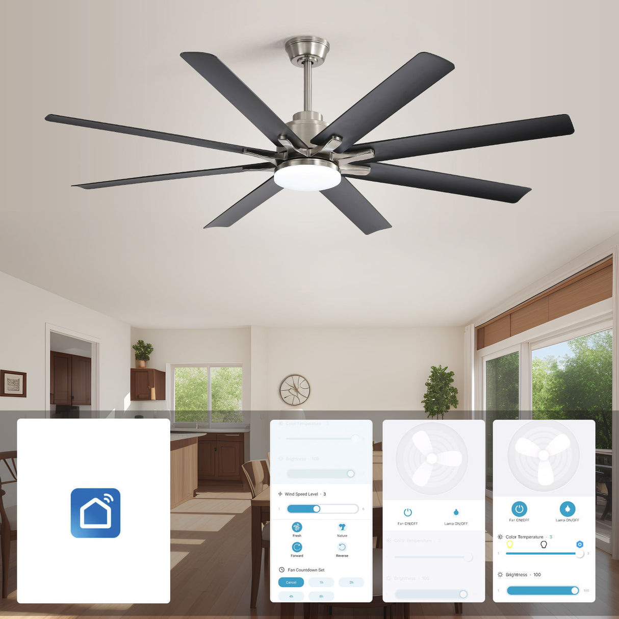 Ceiling Fan With Dimmable LED Light, Reversible DC Motor, Smart Remote Control Blades For Living Room - Nickel