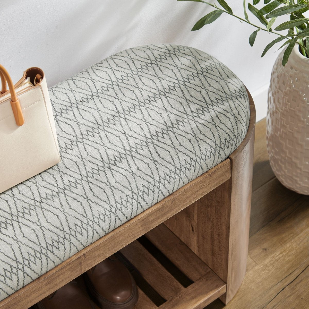45 Inch Geometric Upholstered Bench with Solid Acacia Wood and Storage Shelf - Benches available at Alpine Outlets in Denver