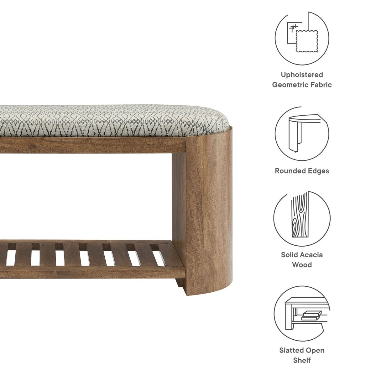 45 Inch Geometric Upholstered Bench with Solid Acacia Wood and Storage Shelf - Benches available at Alpine Outlets in Denver