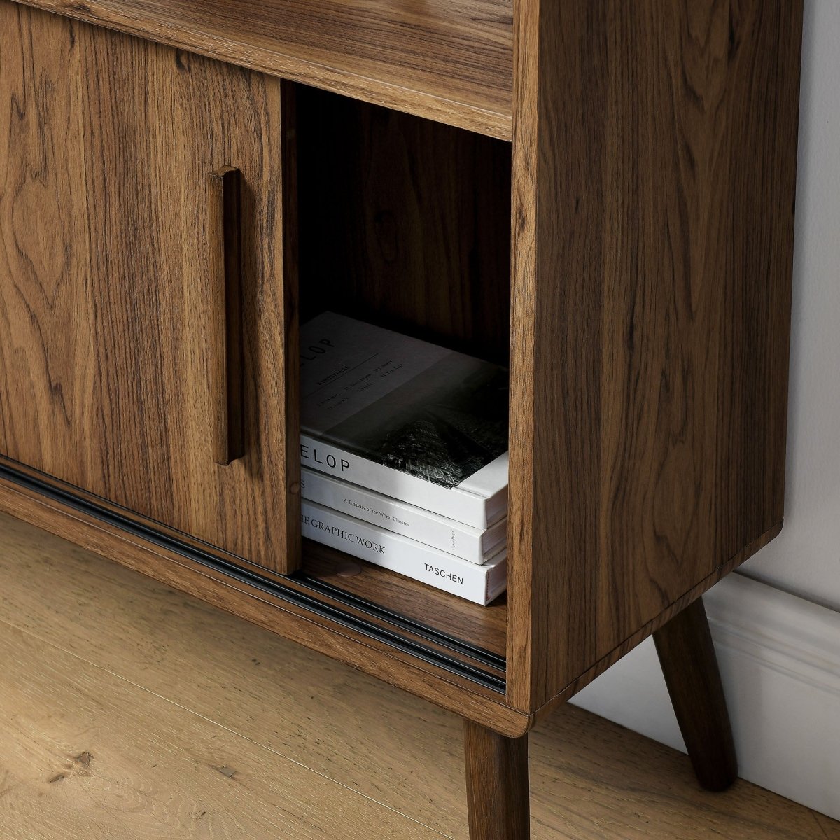 45" Wide Mid - Century Four - Tier Bookcase with Sliding Doors - Bookcases available at Alpine Outlets in Denver