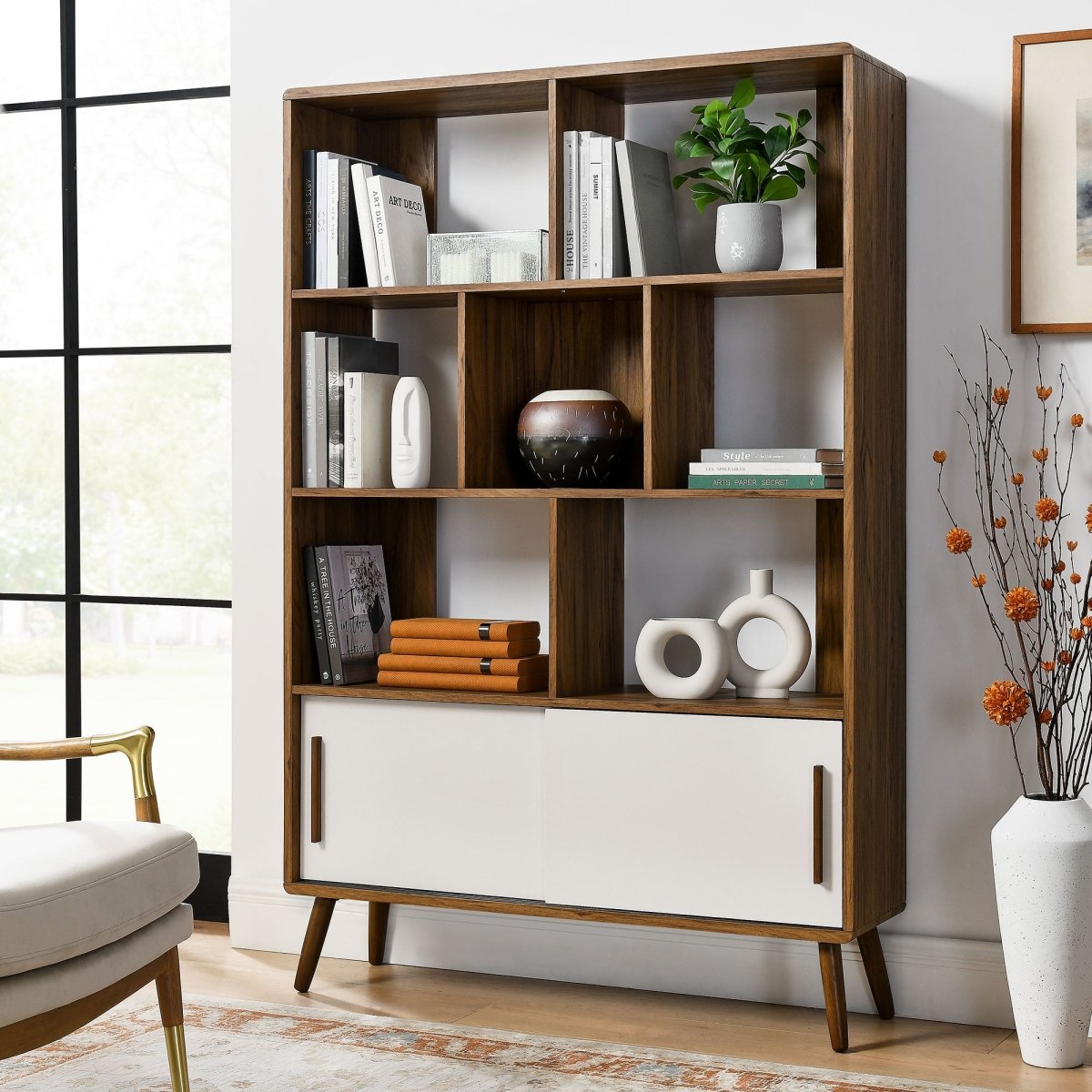45" Wide Mid - Century Four - Tier Bookcase with Sliding Doors - Bookcases available at Alpine Outlets in Denver