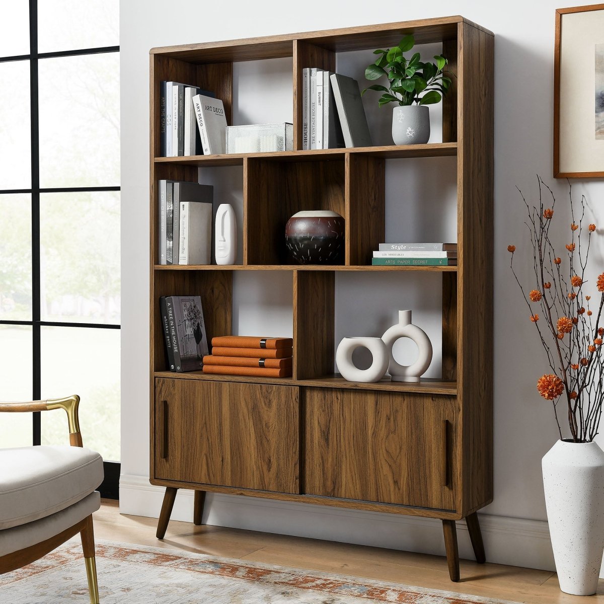 45" Wide Mid - Century Four - Tier Bookcase with Sliding Doors - Bookcases available at Alpine Outlets in Denver