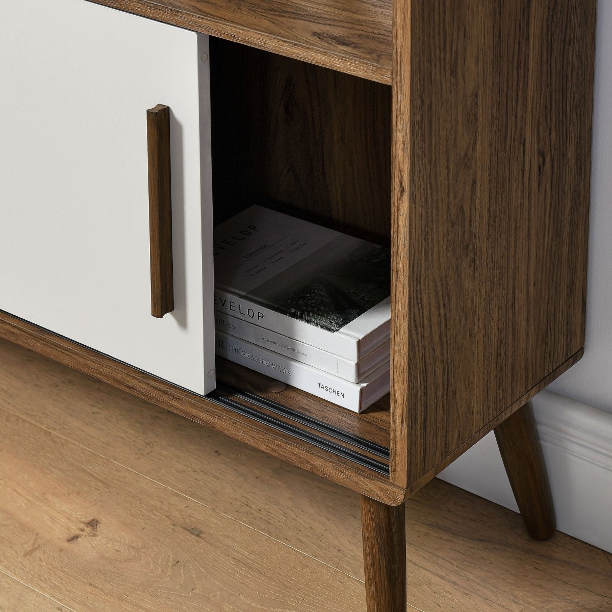 45" Wide Mid - Century Four - Tier Bookcase with Sliding Doors - Bookcases available at Alpine Outlets in Denver