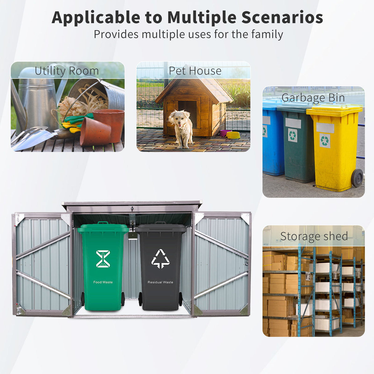 Garbage Bin Shed Trash Can Enclosure Storage Building Steel 62x53in Gray