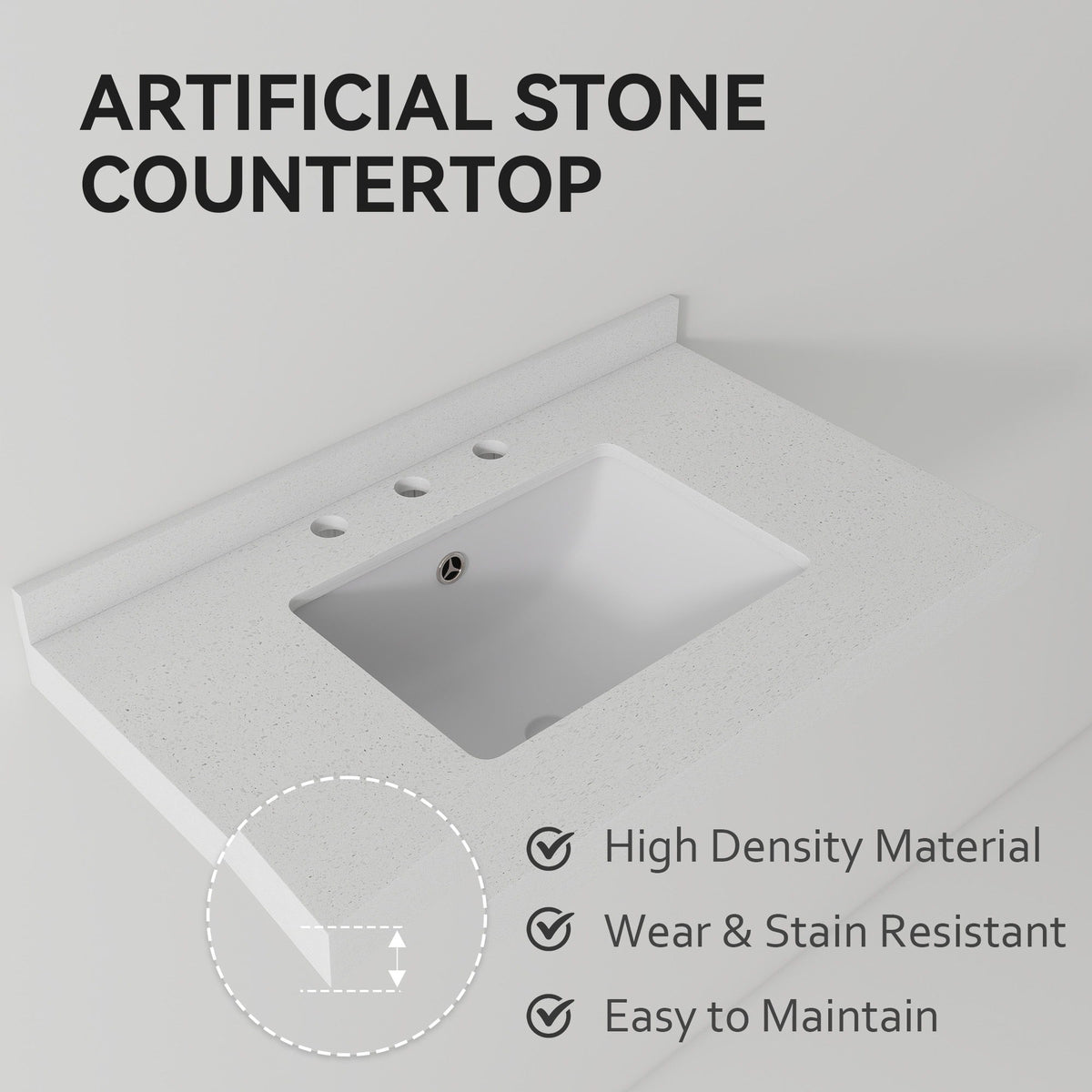 Basin Sink With 2" Thick Rim, Triple Faucet Holes, Sink Only