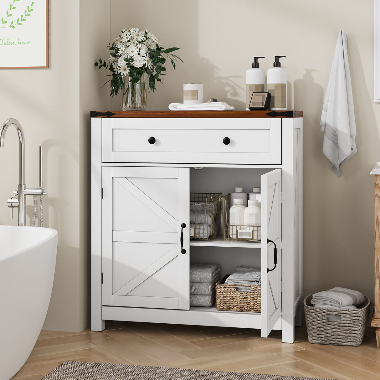 Farmhouse Storage Cabinet Kitchen Sideboard with Drawer Wood 30x32.5in