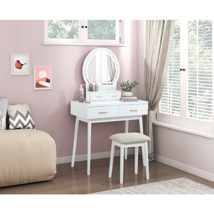 Modern White Dressing Table with LED Mirror and Upholstered Stool
