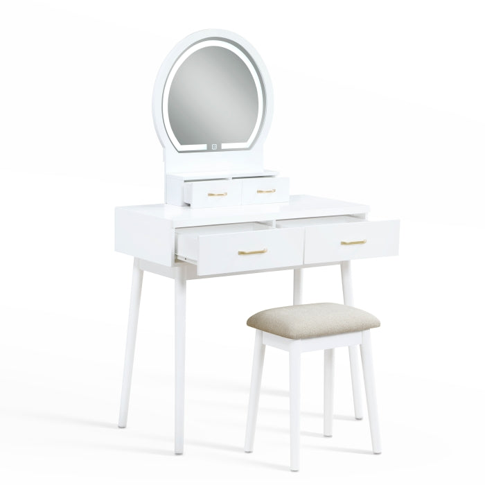 Modern White Dressing Table with LED Mirror and Upholstered Stool