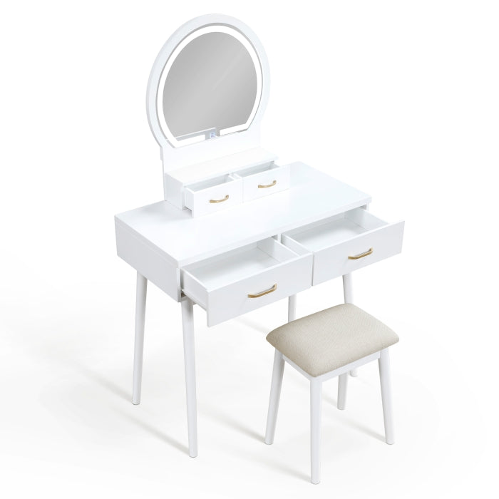 Modern White Dressing Table with LED Mirror and Upholstered Stool