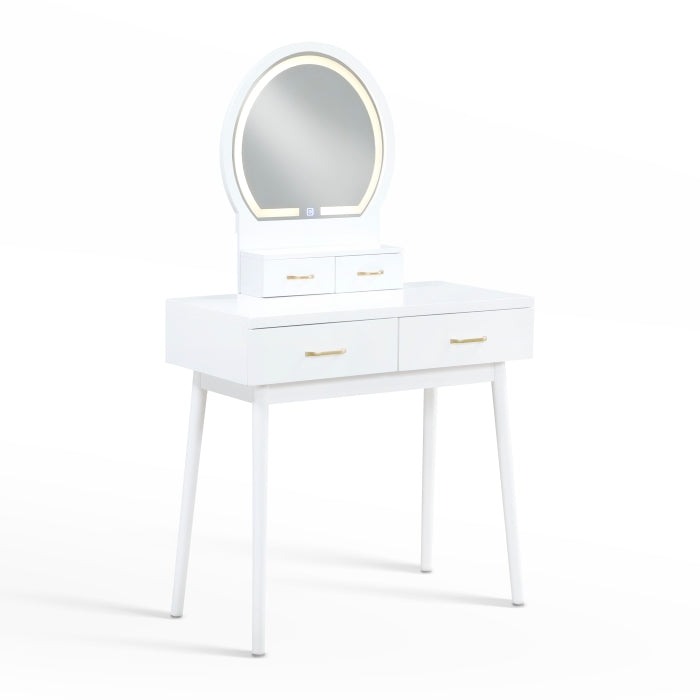 Modern White Dressing Table with LED Mirror and Upholstered Stool