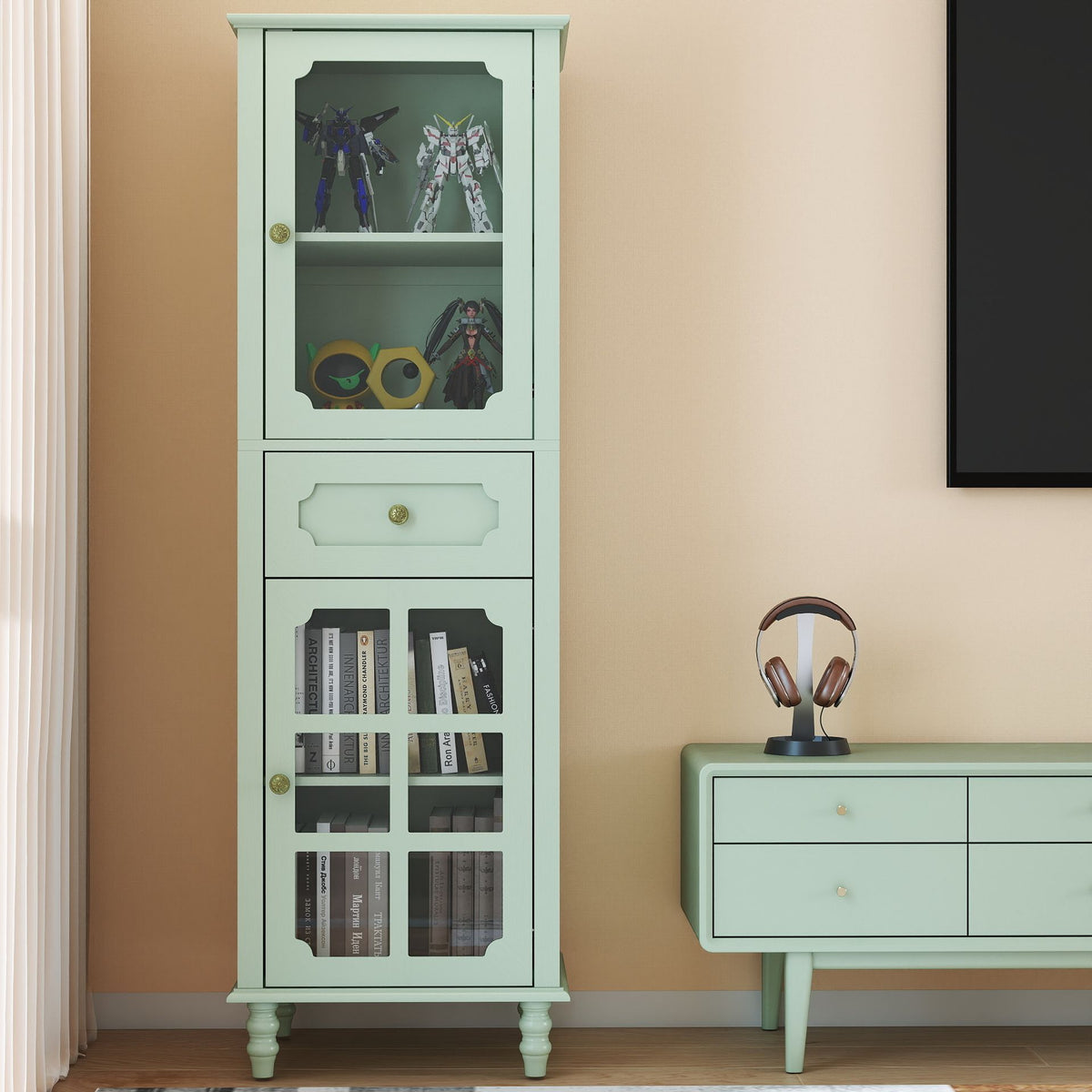 Curio Cabinet, Freestanding Vintage Display Storage Cabinet, Adjustable Shelves - Green