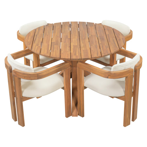 5-Piece Outdoor Acacia Wood Round Dining Set Beige Cushion