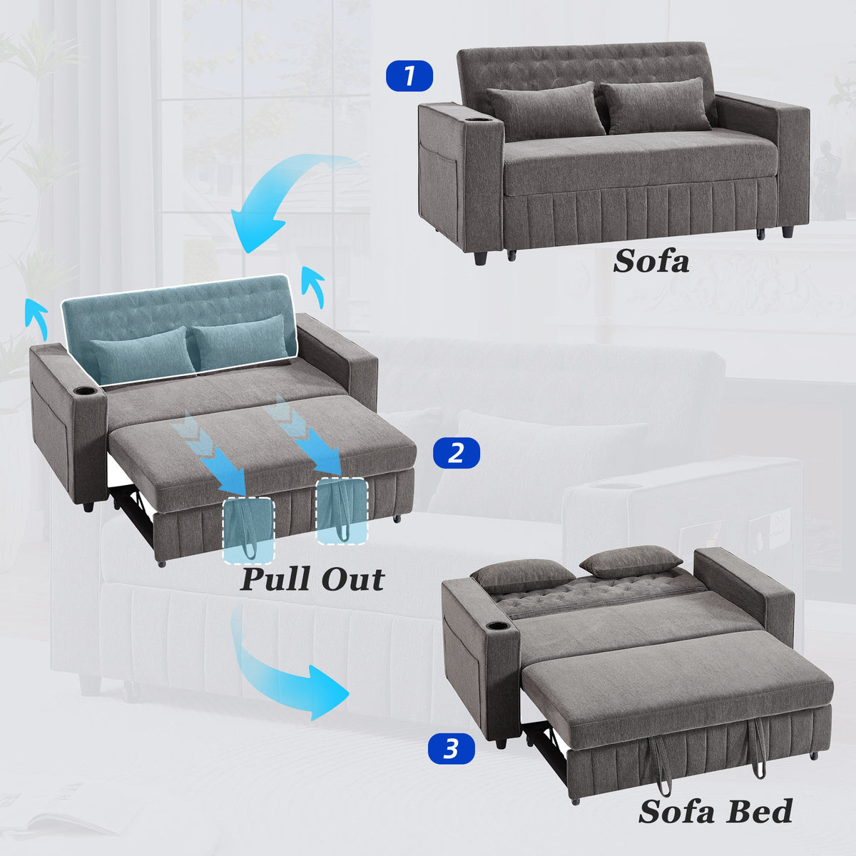 Pull-Out Sofa Bed Convertible Couch With Adjustable Backrest For Living Room