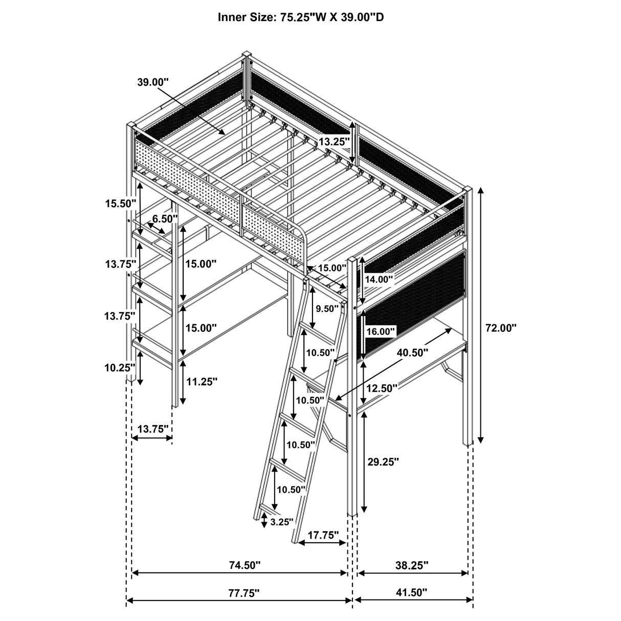 Campus 3-Shelf Metal Twin Loft Bed with Workstation, Matte Black