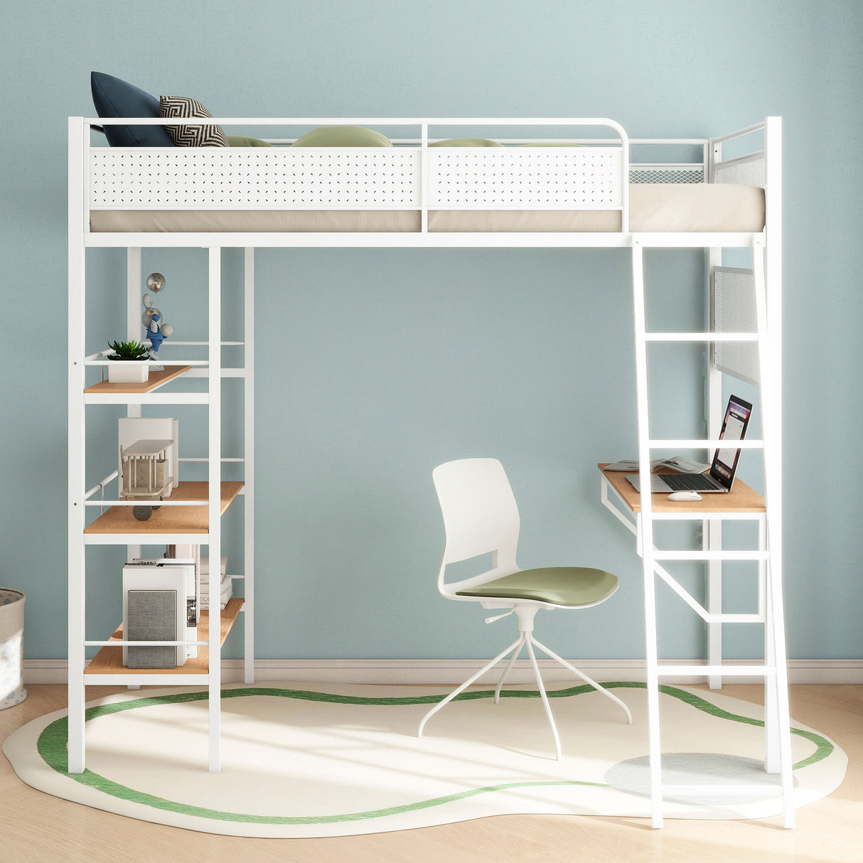Campus Twin Loft Bed with Desk and 3 Shelves - Matte White