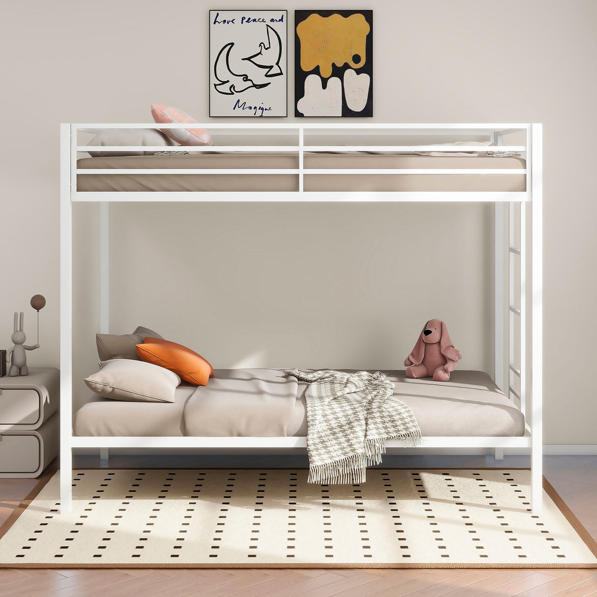 Alevera Metal Twin Over Twin Bunk Bed with Ladder White