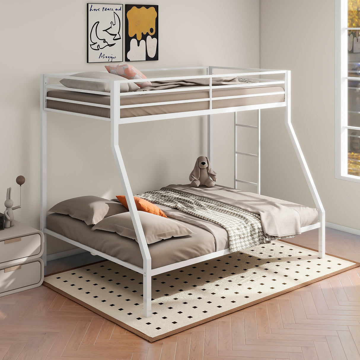 Alevera Metal Twin Over Full Bunk Bed with Ladder - Matte White