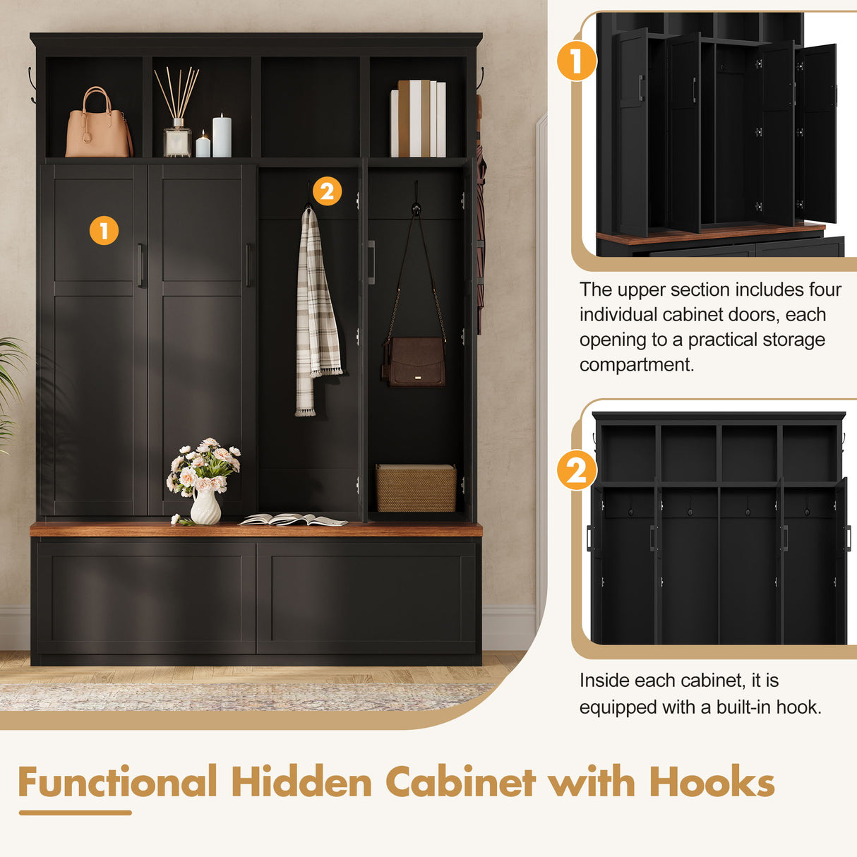 Hall Tree With 4 Hidden Cabinets