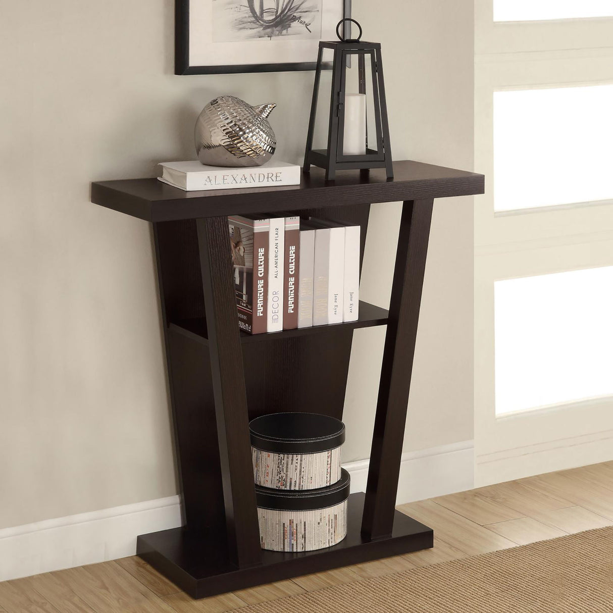 2 Shelf Console Table With V Shape Design - Brown
