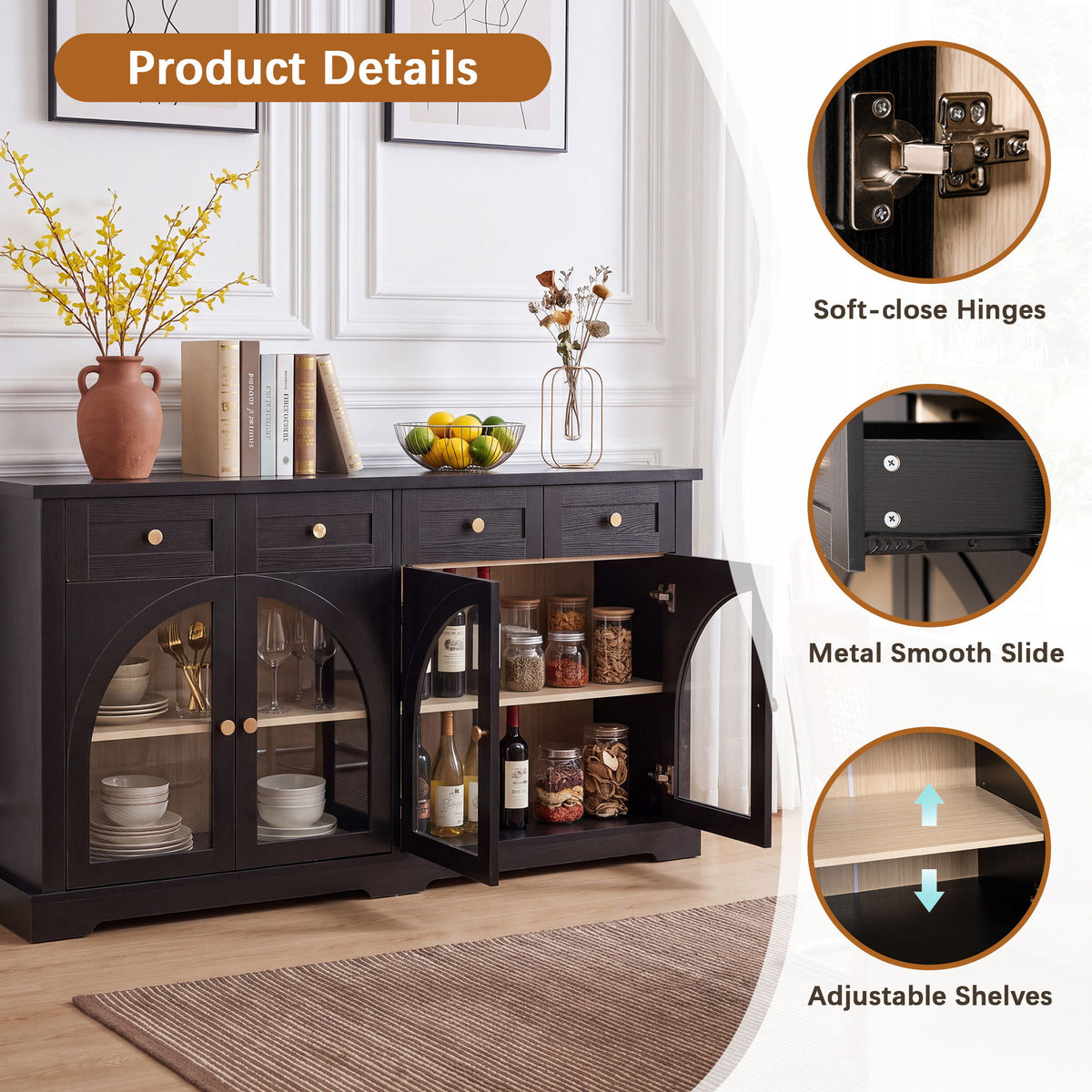 Sideboard Cabinet With 4 Drawers And 4 Arched Glass Doors