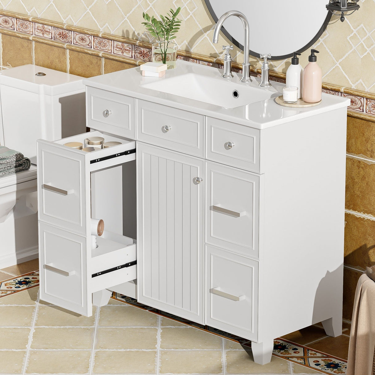 Bathroom Vanity With Ceramic Sink, Soft Close Doors, Adjustable Shelves
