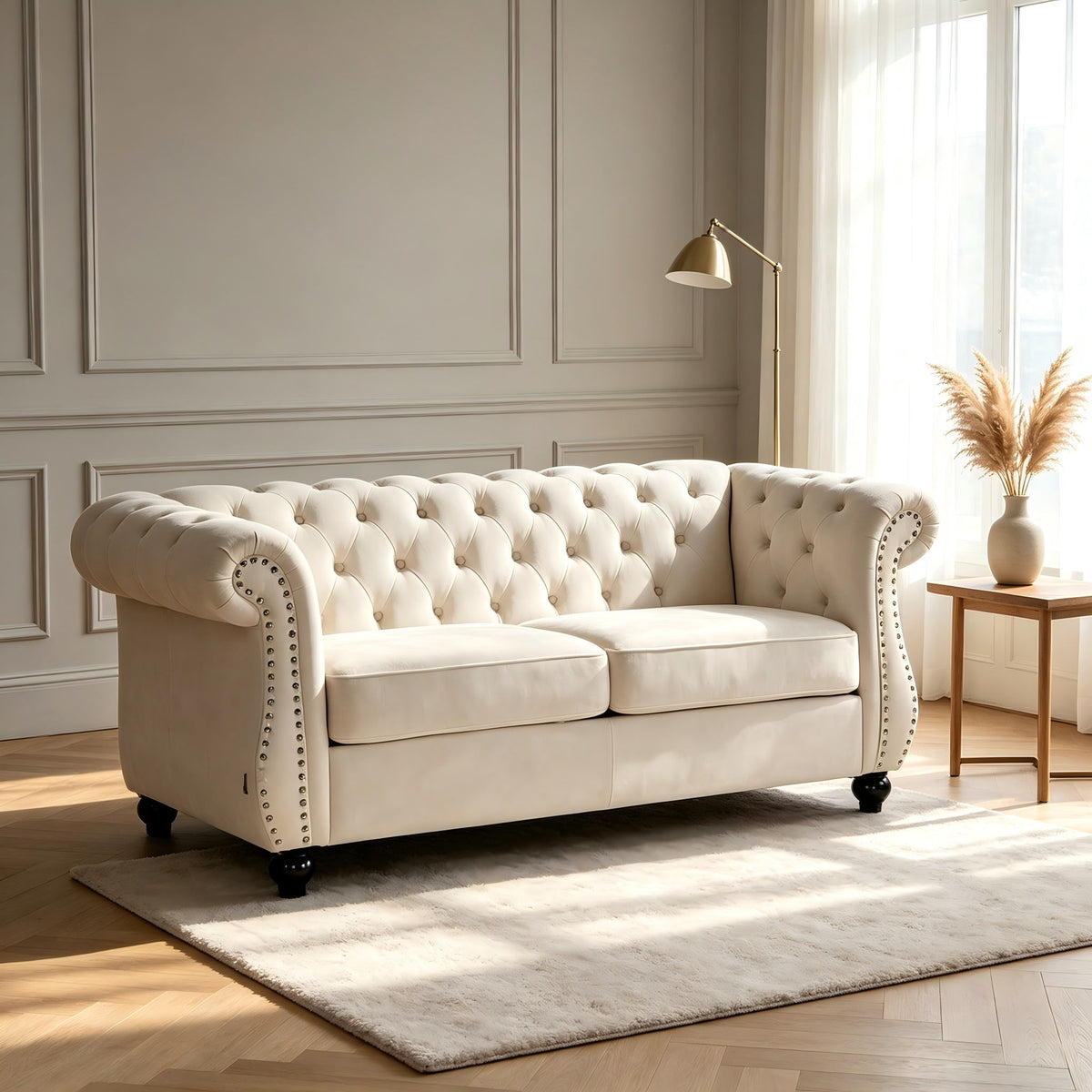 Chesterfield Button Tufted Loveseat With Rolled Arms - Ivory