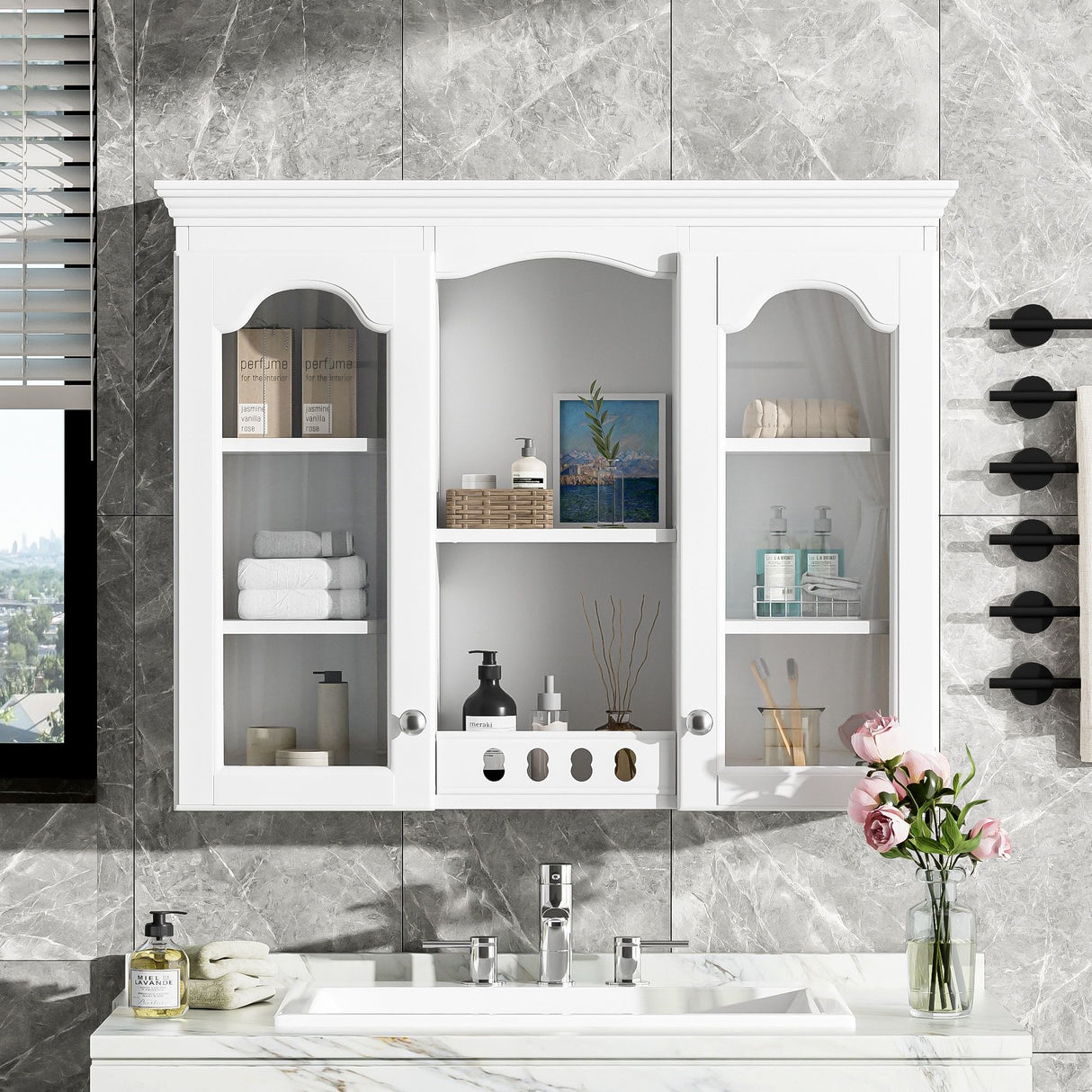 Wall-Mounted Medicine Cabinet With 2 Glass Doors, Adjustable Shelves - White