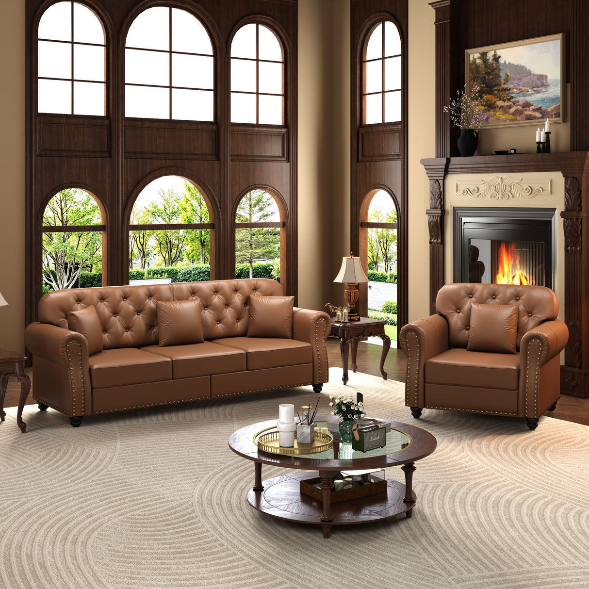 Upholstered Sofa With Nailhead Trim, Rolled Armrests With Ottoman