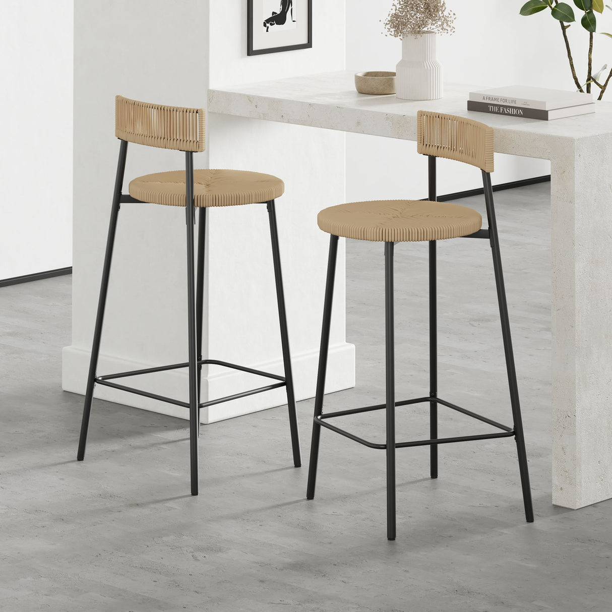 Boho Style Handwoven Paper Rope Counter Stools (Set of 2)