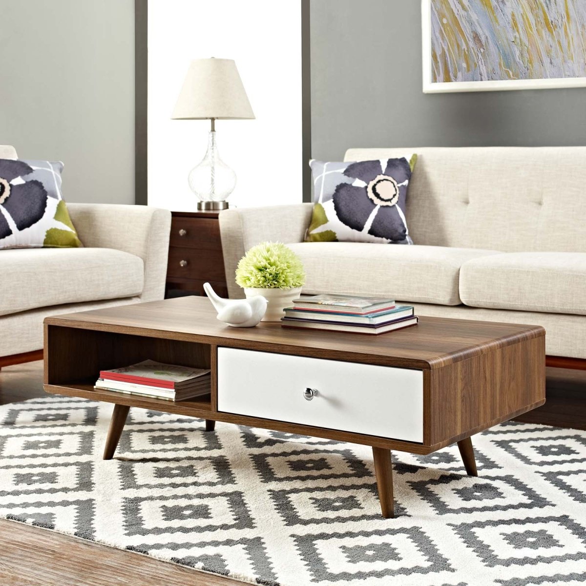47 Inch Mid - Century Two - Tone Coffee Table with Storage in Walnut White - Coffee Tables available at Alpine Outlets in Denver