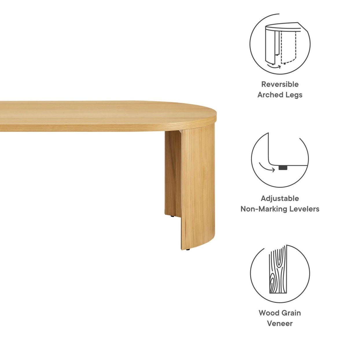 47 Inch Oval Wood Coffee Table with Reversible Arched Legs in Oak - Coffee Tables available at Alpine Outlets in Denver