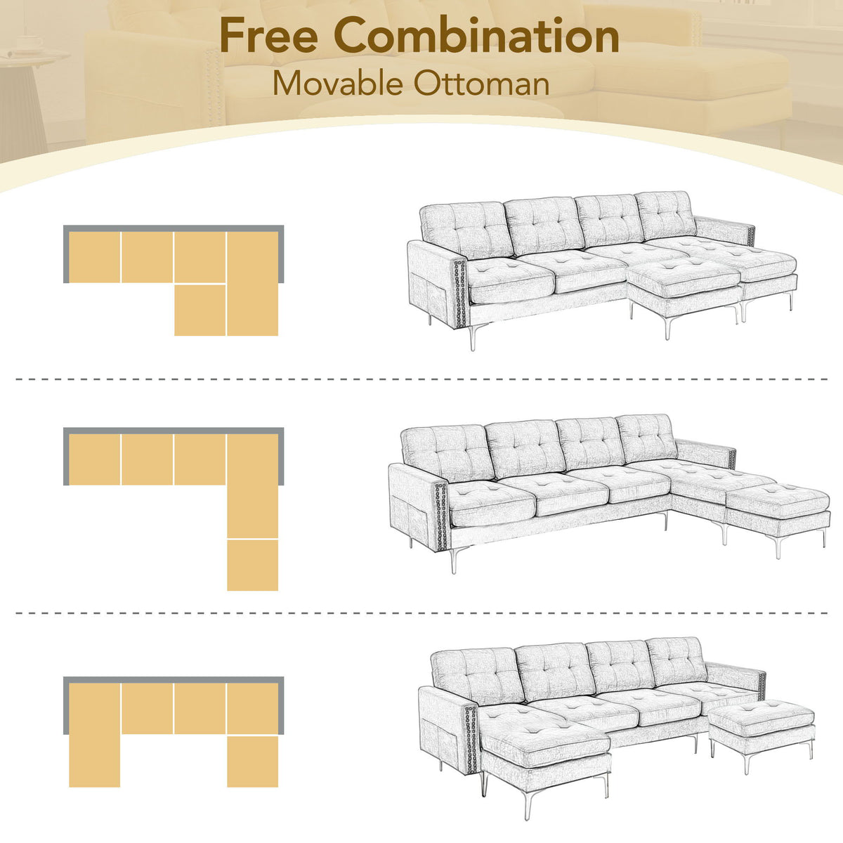 Modern L - Shape Convertible Sectional Sofa With Movable Ottoman