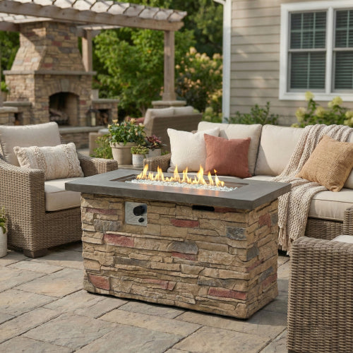 42-Inch Propane Gas Fire Pit Table 50,000 BTU Rectangular Concrete Fire Pit – Beige Multi