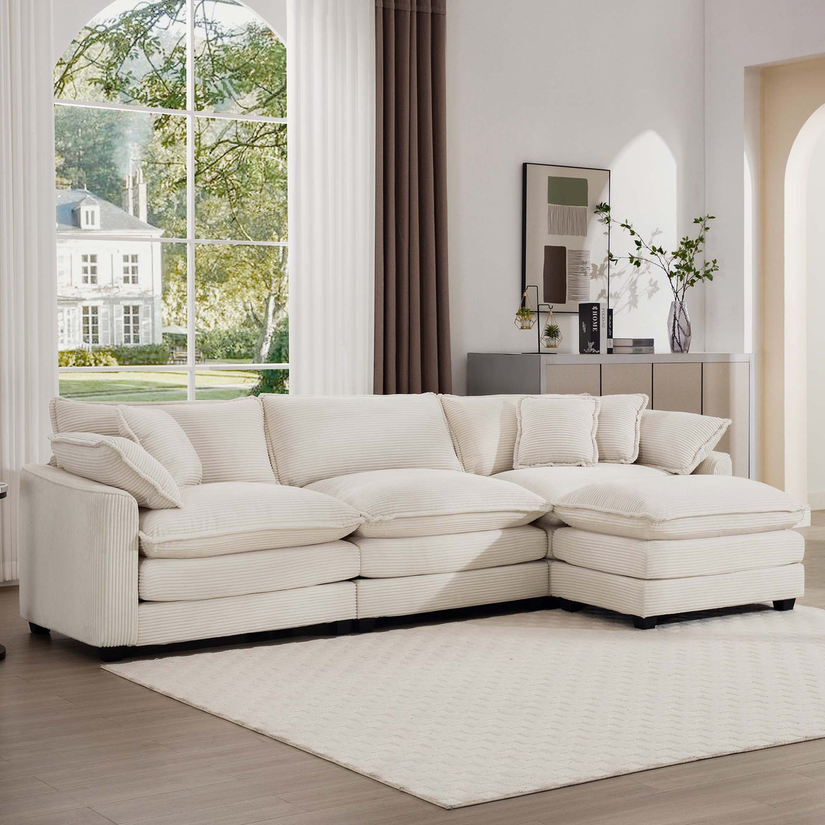 Modern Oversized Modular Cushion Sofa With Ottoman, Low Back, Deep Seating Sofa Set