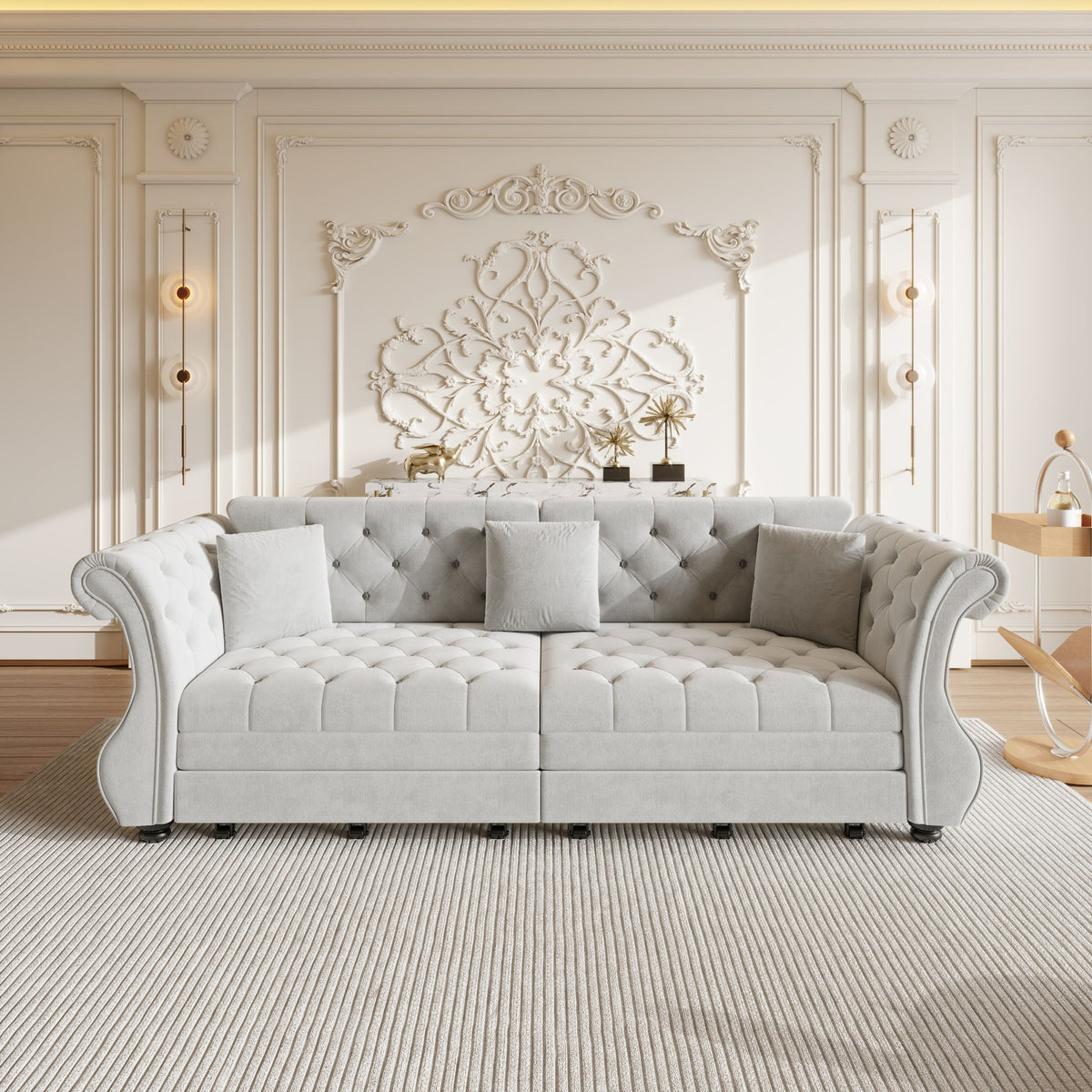 Oversized Chesterfield Pull Out Sofa Bed, Roll Arm Couch With Flower Tufting For Living Room